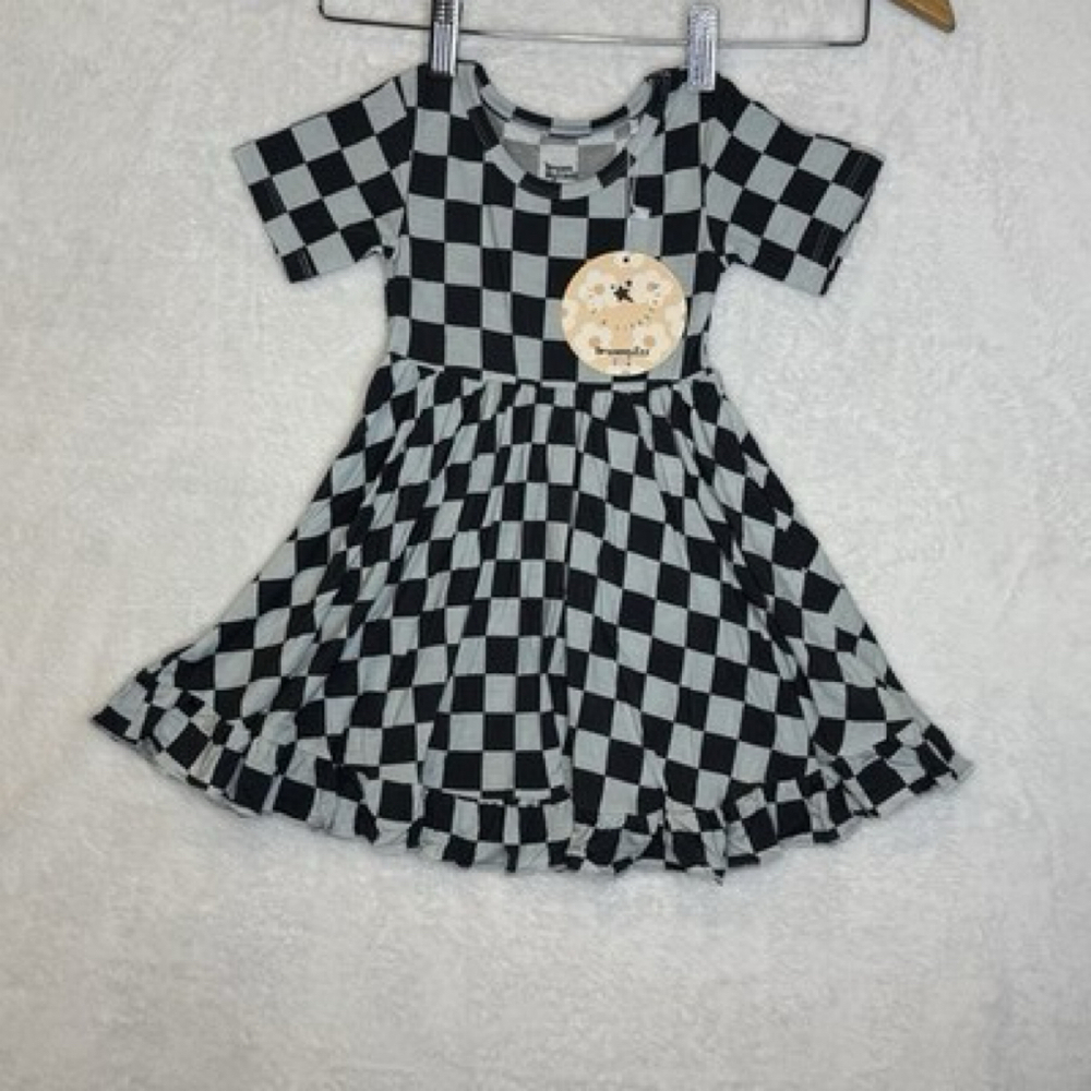 Dream Big Little Checkered Bamboo Dress Black Gray 2T Twirl Ruffle
